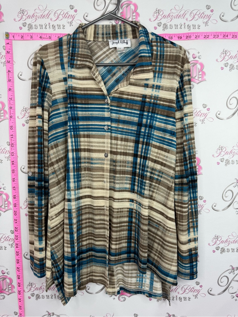 Joseph Ribkoff long sleeve blouse Teal, Brown & Cream Plaid Button-Up Shirt